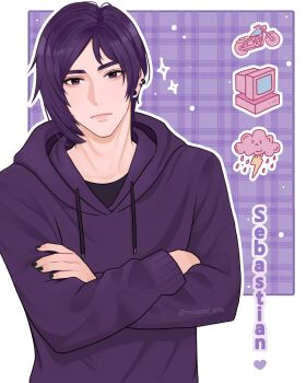 1boy absurdres artist_name black_hair black_nails black_shirt character_name computer crossed_arms earrings expressionless highres hood hoodie jewelry looking_at_viewer male_focus mizumi_arte motor_vehicle motorcycle piercing plaid_background purple_eyes purple_hair purple_hoodie sebastian_(stardew_valley) shirt short_hair signature simple_background solo stardew_valley storm storm_cloud