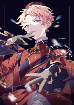 1boy black_gloves character_name commentary earrings ensemble_stars! feature_scout_1_(ensemble_stars!) gloves hand_up happy_birthday hat highres itsuki_shu jewelry long_sleeves male_focus official_alternate_costume outstretched_hand parted_lips pink_hair purple_eyes red_hat short_bangs short_hair solo tu_(tu_lip003) twitter_username upper_body