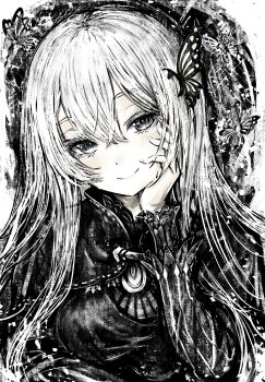 Rule 34 | 1girl, absurdres, black eyes, breasts, bug, butterfly, butterfly hair ornament, capelet, closed mouth, colored eyelashes, commentary request, dress, echidna (re:zero), eyelashes, greyscale, hair between eyes, hair ornament, hand on own cheek, hand on own face, head tilt, highres, insect, light smile, long eyelashes, long hair, long sleeves, looking at viewer, monochrome, re:zero kara hajimeru isekai seikatsu, smile, solo, thick eyelashes, tsukihi shida, upper body, white eyelashes, white hair