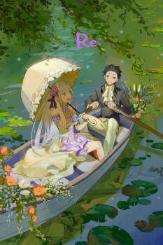 100shou 1boy 1girl ascot black_hair black_jacket boat braid branch breasts brown_eyes buttons closed_mouth commentary_request crown_braid day double-breasted dress emilia_(re:zero) flower grey_hair hair_flower hair_ornament highres holding holding_umbrella jacket lake large_breasts lily_pad long_hair natsuki_subaru open_mouth outdoors pants parasol purple_dress purple_eyes purple_flower re:zero_kara_hajimeru_isekai_seikatsu red_flower red_rose rose rowboat short_hair smile umbrella umbrella_over_shoulder very_long_hair water watercraft white_ascot white_pants