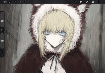 Rule 34 | 1girl, black ribbon, black souls, blonde hair, blood, blood on face, blue eyes, cape, capelet, closed mouth, cloudssss520, hashtag-only commentary, highres, hood, hooded capelet, neck ribbon, red cape, red hood (black souls), ribbon, short hair, sidelocks, smile, solo, wolf hood