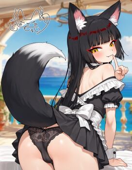 1boy absurdres animal_ears apron ass black_dress black_hair black_panties commentary_request detached_collar dress fang fang_out finger_to_mouth fox_boy fox_ears fox_tail highres indie_virtual_youtuber itsuki_tsukumo_(artist) itsuki_tsukumo_(vtuber) lace lace_panties leaning_forward leaning_on_object long_hair looking_at_viewer maid maid_apron off_shoulder panties puffy_short_sleeves puffy_sleeves short_dress short_sleeves shushing smile tail trap underwear virtual_youtuber white_apron wrist_cuffs