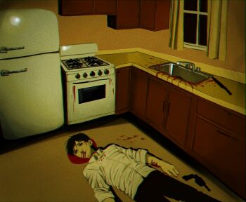 1boy black_hair blank_stare blood blood_from_mouth collared_shirt commentary curtains english_commentary feet_out_of_frame gun handgun head_tilt headshot highres indoors knife lying male_focus night nosebleed on_back on_ground original oven refrigerator self-harm sepia shirt short_hair sink sleeves_rolled_up solo stove suicide toi_700b weapon white_shirt wrist_cutting