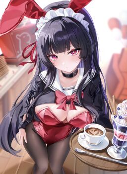 Rule 34 | 1girl, absurdres, aida noa, alternate costume, animal ear hairband, animal ears, black choker, black hair, black pantyhose, black shrug, blurry, blurry background, blush, breasts, chisa (wuthering waves), choker, cleavage, closed mouth, commentary request, fake animal ears, hair ribbon, hairband, highres, indoors, leotard, long hair, long sleeves, looking at viewer, maid headdress, medium breasts, neckerchief, paid reward available, pantyhose, rabbit ear hairband, rabbit ears, red eyes, red leotard, red neckerchief, red ribbon, ribbon, sailor collar, shrug (clothing), solo, white sailor collar, wuthering waves