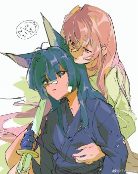 2girls alternate_costume animal_ears black_hair blunt_bangs f1rstache fingerless_gloves fox_ears fox_girl gloves hair_between_eyes highres hoshimi_miyabi kissing_ear long_hair multiple_girls pink_eyes pink_hair red_eyes sidelocks simple_background single_fingerless_glove smile tsukishiro_yanagi white_background yuri zenless_zone_zero