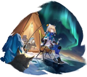 1girl aurora blonde_hair blue_eyes blue_scarf camping chair fishing_rod flashlight full_body game_cg highres honkai:_star_rail honkai_(series) looking_up lynx lynx_landau non-web_source on_chair pom_pom_(clothes) scarf sitting solo transparent_background winter_clothes