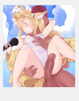 1boy 1girl animal_ear_fluff animal_ears arm_up bare_shoulders blonde_hair blue_archive blue_sky blush breasts carrying carrying_person clothing_cutout cloud cloudy_sky covered_erect_nipples covered_navel cross_halo diamond_cutout dot_nose eyes_visible_through_hair faceless faceless_male fox_ears fox_girl fox_tail grabbing_another&#039;s_breast grabbing_another&#039;s_thighs groping hair_over_one_eye hair_over_shoulder halo hand_up hetero highleg highleg_one-piece_swimsuit highres holding holding_microphone jacket jacket_partially_removed lifting_person long_hair long_sleeves looking_down microphone off_shoulder one-piece_swimsuit one_eye_closed open_clothes open_jacket open_mouth orange-tinted_eyewear outdoors penis penis_on_pussy polaroid_photo reverse_suspended_congress revolverwing seia_(blue_archive) seia_(swimsuit)_(blue_archive) sex sex_from_behind side_ponytail sky small_breasts spread_legs sunglasses sunlight swimsuit tail thigh_grab thighs tinted_eyewear uncensored very_long_hair visor_cap white_one-piece_swimsuit yellow_halo yellow_jacket yellow_visor