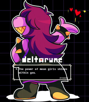 1girl absurdres black_background black_boots black_vest boots bracelet copyright_name deltarune english_text from_behind full_body furry furry_female grid_background hair_over_eyes heart highres jewelry long_hair sharp_teeth solo sparkle spiked_bracelet spikes susie_(deltarune) teeth utdr_(toby_fox) vest woofzilla