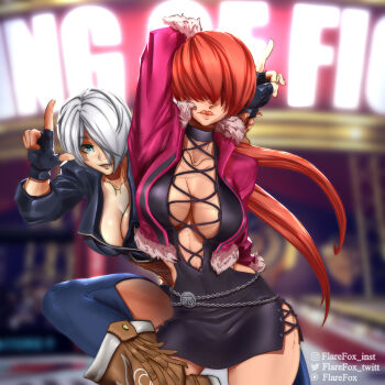 2girls angel_(kof) badly_tagged_upload blue_eyes boots breasts cleavage cleavage_cutout clothing_cutout coat dress female_focus flarefox fluffy from_behind gloves hands_up highres jacket jewelry large_breasts leather leg_up long_hair looking_at_viewer multiple_girls no_bra outdoors pale_skin ponytail red_hair ring shermie_(kof) shoes short_hair skirt smile stage standing the_king_of_fighters thighs twintails white_hair