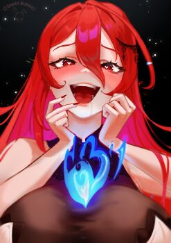 1girl :d absurdres bare_shoulders blue_fire blush breasts commentary dopeybunni elizabeth_rose_bloodflame english_commentary fingernails fire fire_on_chest hair_between_eyes heart heart-shaped_pupils highres hololive hololive_english large_breasts long_fingernails long_hair nail_polish open_mouth red_eyes red_hair red_nails smile solo symbol-shaped_pupils upper_body virtual_youtuber yandere