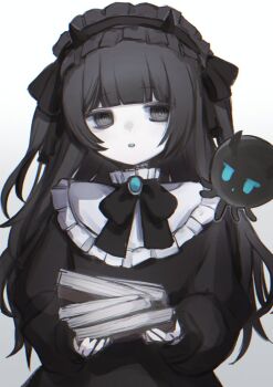 Rule 34 | 1girl, :o, arazan (ara arazan24), black dress, black eyes, black hair, black hairband, black horns, black ribbon, blunt bangs, book, brooch, colored tongue, creature, dress, frilled dress, frills, gradient background, hairband, hashtag-only commentary, holding, holding book, horns, indie virtual youtuber, jewelry, lolita hairband, long hair, long sleeves, looking at creature, neck ribbon, open mouth, pale skin, puffy long sleeves, puffy sleeves, ribbon, ringed eyes, two side up, upper body, virtual youtuber, white background, yamata ia