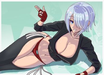 1girl angel_(kof) aohadapeach backless_pants blue_eyes bra breasts chaps cleavage crop_top cropped_jacket fingerless_gloves gloves hair_over_one_eye highres index_fingers_raised jacket large_breasts leather leather_jacket midriff navel panties pants short_hair smile snk solo strapless strapless_bra the_king_of_fighters the_king_of_fighters_xiv toned toned_female underwear white_hair