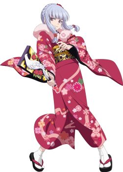 Rule 34 | 1girl, agria (new year) (tales), blunt bangs, braid, floral print, flower, flower pin, freckles, fur-trimmed kimono, fur trim, game cg, grin, hagoita, hair flower, hair ornament, hane (hanetsuki), highres, japanese clothes, kimono, long hair, obi, obijime, official alternate costume, official art, paddle, purple eyes, red kimono, sandals, sash, sidelocks, smile, solo, tales of (series), tales of asteria, tales of xillia, white hair