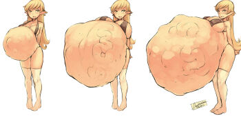 1girl bikini blonde_hair breast_expansion creature_inside faustsketcher female_focus inflation long_hair looking_at_viewer open_mouth pointy_ears pregnant sequence simple_background smile solo stomach_bulge swimsuit tentacles thighhighs white_background