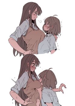 2girls ahoge anger_vein blush brown_hair brown_sweater_vest closed_mouth collared_shirt commentary_request full_body grabbing_another's_breast groping height_difference highres huyunokure long_hair multiple_girls original school_uniform shirt short_hair short_sleeves simple_background sweat sweater_vest white_background white_shirt yuri