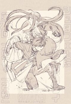 1boy 2girls absurdres arm_around_waist boo_br boots breasts cape carrying commentary_request dated dress elf fern_(sousou_no_frieren) frieren full_body hair_between_eyes hair_ornament hairclip highres holding holding_suitcase long_coat long_dress long_hair medium_breasts multiple_girls on_one_knee parted_lips pointy_ears sepia short_hair shoulder_carry sketch sousou_no_frieren stark_(sousou_no_frieren) suitcase sweatdrop twintails twitter_username white_cape white_dress