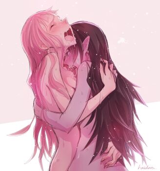 2girls adventure_time arms_around_waist black_hair blush breasts colored_skin completely_nude drooling closed_eyes grey_skin haidara head_down head_tilt highres hug licking long_hair marceline_abadeer moaning multiple_girls nude open_mouth pink_hair pink_skin pointy_ears princess_bonnibel_bubblegum saliva sweat upper_body very_long_hair yuri
