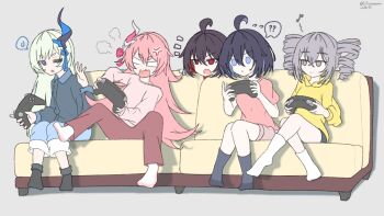 5girls 5jiraaaaa ? ?? ahoge anger_vein black_hair black_shirt black_socks blank_eyes blue_eyes blue_hair blue_pants bronya_zaychik brown_pants closed_mouth collared_shirt commentary controller couch dress_shirt drill_hair eighth_note english_commentary flying_sweatdrops game_controller grey_background grey_eyes grey_hair grey_socks hair_between_eyes highres holding honkai_(series) honkai_impact_3rd hood hood_down hoodie liliya_olenyeva long_sleeves mihoyo multicolored_hair multiple_girls musical_note notice_lines on_couch one_eye_closed open_mouth pants pink_hair pink_shirt puffy_long_sleeves puffy_sleeves red_eyes red_hair rozaliya_olenyeva seele_(alter_ego) seele_vollerei shirt short_sleeves simple_background sitting smile socks spoken_question_mark twin_drills twintails twitter_username two-tone_hair wavy_mouth yellow_hoodie