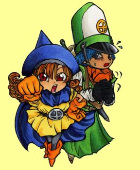 1boy 1girl alena_(dq4) arm_up belt black_belt black_pantyhose blue_cape blue_hair blue_hat blush boots bwmkafui cape clift commentary_request conical_hat curly_hair dragon_quest dragon_quest_iv dress flying_sweatdrops frown full_body furrowed_brow gloves green_hat hand_on_own_hip hat highres interlocked_fingers long_hair looking_at_viewer mitre open_mouth orange_boots orange_gloves orange_scarf own_hands_together pantyhose praying red_eyes scarf short_hair sweatdrop teeth yellow_dress