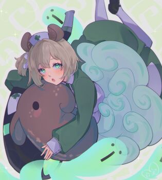 1girl absurdres animal_ears black_shoes brown_hair collared_dress dress green_dress green_eyes hair_ribbon hat high_heels highres indie_virtual_youtuber kokomi_(aniesuakkaman) looking_at_viewer naplings_(nimi_nightmare) nimi_nightmare nimi_nightmare_(1st_costume) nimi_nightmare_(tapir) nurse_cap on_cloud open_mouth pantyhose ribbon shoes short_hair side_ponytail solo tapir_ears tapir_girl virtual_youtuber white_pantyhose white_ribbon