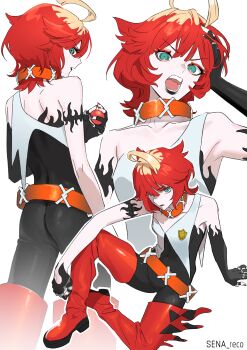 Rule 34 | 1girl, absurdres, ahoge, artist name, bare shoulders, black bodysuit, black lips, blonde hair, bodysuit, boots, choker, eyelashes, eyeshadow, freckles, from behind, green eyes, hand on own head, highres, holding, holding poke ball, jewelry, lipstick, looking back, makeup, medium hair, mela (pokemon), multicolored hair, multiple views, nail polish, nintendo, open mouth, orange choker, outline, poke ball, poke ball (basic), pokemon, pokemon sv, red boots, red hair, ring, sena reco, shirt, simple background, sitting, sleeveless, sleeveless shirt, teeth, two-tone hair, v-shaped eyebrows, white background, white outline