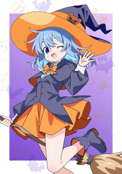 Rule 34 | 1girl, ;d, absurdres, black boots, black capelet, black jacket, blue eyes, blue hair, boots, border, bow, bowtie, broom, capelet, commentary request, foot out of frame, halloween, hat, highres, holding, holding broom, jacket, medium hair, one eye closed, open mouth, orange bow, orange bowtie, orange skirt, original, outside border, purple background, skirt, smile, solo, soramame (mvfn8342), two-tone headwear, waving, white border, witch, witch hat