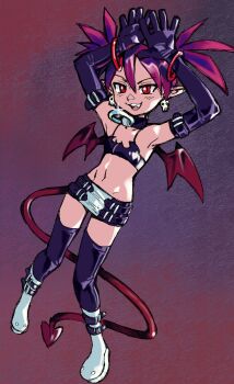 Rule 34 | 1girl, absurdres, arms up, bandeau, bat wings, belt, belted skirt, black bandeau, black gloves, black skirt, black thighhighs, boots, bracelet, choker, commentary, demon girl, demon tail, demon wings, disgaea, earrings, elbow gloves, english commentary, etna (disgaea), fang, flat chest, full body, glint, gloves, highres, jewelry, looking at viewer, makai senki disgaea, midriff, mini wings, miniskirt, multiple belts, navel, o-ring, o-ring choker, o-ring collar, open mouth, pointy ears, red eyes, red hair, red tail, red wings, skirt, skull earrings, slit pupils, smile, solo, tail, thighhighs, twintails, two-tone skirt, v-shaped eyebrows, white boots, white skirt, wings, woogleboy