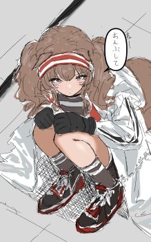 1girl :/ absurdres angelina_(arknights) animal_ears arknights black_gloves black_shoes black_shorts blush bright_pupils brown_hair coat colt_(allyourvase0808) commentary_request ears_down expressionless fox_ears fox_girl fox_tail from_above gloves hairband hands_on_own_knees highres jacket long_hair long_sleeves looking_at_viewer no_nose open_clothes open_coat open_jacket red_eyes red_hairband red_jacket shoes short_shorts shorts sketch sneakers solo speech_bubble squatting striped_clothes striped_hairband tail translation_request twintails two-tone_hairband white_coat white_pupils