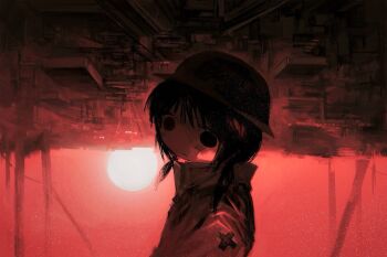 1girl brodie_helmet chito_(shoujo_shuumatsu_ryokou) city closed_mouth combat_helmet expressionless hashtag-only_commentary helmet highres low_twintails military_uniform monochrome red_theme shoujo_shuumatsu_ryokou solo sun sunrise twintails upside-down_world z_oio9