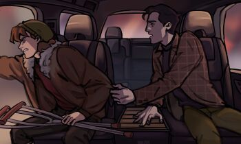 2boys anthony_stellar beanie black_hair black_pants black_shirt brown_hair brown_jacket brown_pants car car_interior clenched_teeth clothes_grab dmitry_bratsky driving fur-trimmed_jacket fur_trim hat highres jacket long_sleeves male_focus motor_vehicle multiple_boys my_student_spirit open_clothes open_jacket pants red_shirt shirt short_hair sitting sovaspilas steering_wheel teeth yaoi