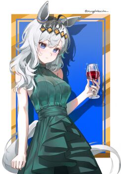 1girl absurdres ahoge animal_ears blue_dress blue_eyes blush breasts cleavage closed_mouth commentary cup dio_dio dress drinking_glass ear_ornament english_commentary grey_hair grey_tail hair_between_eyes hair_ornament hairband highres holding holding_cup horse_ears horse_girl horse_tail long_hair medium_breasts multicolored_hair oguri_cap_(umamusume) see-through_cleavage see-through_clothes sleeveless sleeveless_dress solo tail umamusume umamusume:_cinderella_gray wine_glass