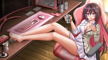 1girl :d asahi_breweries azki_(4th_costume)_(hololive) azki_(hololive) barefoot beer_can blush bow bow_bra bra brand_name_imitation breasts brown_hair brown_jacket can cellphone chair cleavage collarbone collared_dress commentary commission computer computer_keyboard computer_mouse computer_tower desk dress drink_can english_commentary feet food hair_between_eyes hair_intakes highres holding holding_can hololive indoors jacket kazenokaze long_hair medium_breasts microphone mole mole_under_eye monitor multicolored_hair nose_blush office_chair on_chair open_mouth phone pink_bra pink_hair plaid_clothes plaid_jacket pocky purple_eyes sitting smile solo swivel_chair toes two-tone_hair underwear very_long_hair virtual_youtuber white_dress wooden_floor