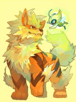 Rule 34 | arcanine, celebi, closed mouth, commentary, d&amp;p, eye contact, fangs, fangs out, flying, full body, gen 1 pokemon, gen 2 pokemon, legendary pokemon, looking at another, mythical pokemon, nintendo, no humans, oekaki, open mouth, paw up, pokemon, pokemon (creature), pokemon focus, simple background, standing, tegaki, turning head, yellow background