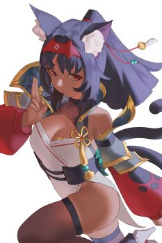 1girl absurdres alternate_costume animal_ear_fluff animal_ears aragiken arm_armor barcode barcode_tattoo breasts brown_thighhighs cat_ears cat_girl cat_tail china_dress chinese_clothes commentary dress english_commentary facial_mark forehead_mark forehead_tattoo hairband highres leg_up looking_at_viewer multiple_tails nekomiya_mana open_mouth paw_print pelvic_curtain red_eyes red_hairband red_sleeves short_eyebrows simple_background small_breasts solo strapless strapless_dress tail tattoo thick_eyebrows thighhighs triangle triangle_facial_mark two_tails white_background white_dress zenless_zone_zero