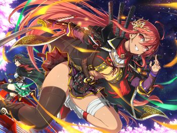 2girls ahoge architecture armor asuka_(senran_kagura) bandaged_leg bandages belt black_cape black_footwear black_leg_warmers black_shirt black_skirt black_thighhighs brown_belt building cape cherry_blossoms dark-skinned_female dark_skin dual_wielding east_asian_architecture energy fire frilled_skirt frills gauntlets green_skirt grin hair_between_eyes hair_ornament high_heels highres holding holding_sword holding_weapon homura_(senran_kagura) japanese_armor japanese_clothes katana kote kurokote kusazuri leg_warmers looking_at_viewer looking_back miniskirt multiple_girls night official_alternate_costume official_alternate_eye_color official_alternate_hair_color official_alternate_hairstyle official_art pleated_skirt red_eyes red_hair red_ribbon red_scarf reverse_cowgirl_position ribbon sandals scabbard scalpel scarf senran_kagura senran_kagura_new_link senran_kagura_shoujo-tachi_no_shin'ei sheath sheathed shiny_skin shirt shoulder_armor shrine sidelocks single_thighhigh skirt sky smile sode sparkle stairs star_(sky) starry_sky stone_stairs straddling sword thighhighs wakizashi water weapon white_leg_warmers yaegashi_nan yellow_shirt yin_yang zouri