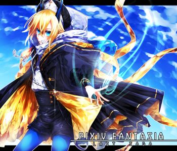 1boy bandaid bandaid_on_face blonde_hair blue_eyes blue_pantyhose blue_sky commentary_request copyright_name day euro_(pixiv08091101) glint highres hood hood_down horns medium_hair pantyhose pixiv_fantasia pixiv_fantasia_last_saga sky standing