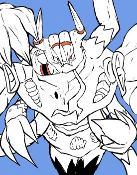 absurdres barbaracle blue_background claws closed_mouth commentary_request gen_6_pokemon highres ken555913333 mega_barbaracle mega_pokemon nintendo orange_eyes pokemon pokemon_(creature) pokemon_focus simple_background solo spot_color