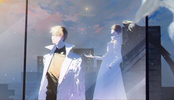 1boy absurdres black_eyes black_hair black_shirt black_wings building coat collared_shirt cowboy_shot demon_horns different_reflection dual_persona feathered_wings hand_in_pocket highres horns kim_dokja lens_flare light_particles official_alternate_costume omniscient_reader&#039;s_viewpoint open_clothes open_coat outstretched_hand reflection roellm shirt short_hair sky skyscraper star_(sky) starry_sky white_coat wings