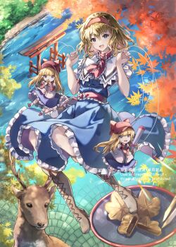 1girl :d absurdres alice_margatroid autumn_leaves baseball_bat baseball_cap baseball_uniform blonde_hair blue_dress blue_eyes boots brown_boots capelet commentary_request deer doll dress foliage food frilled_dress frilled_ribbon frills hairband hands_up hat highres holding holding_baseball_bat holding_food jewelry knees lake leaf light_blush long_hair looking_at_viewer medium_hair momiji_manjuu nanop38 open_mouth pavement plate puppet_rings puppet_strings red_hairband red_hat red_ribbon red_sash ribbon ring sash short_sleeves smile solo sportswear torii touhou water watermark white_capelet