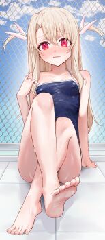 1girl absurdres arm_support bare_legs barefoot blonde_hair blue_one-piece_swimsuit blush breasts chain-link_fence clothes_pull commentary_request convenient_censoring convenient_leg covered_erect_nipples day fate/kaleid_liner_prisma_illya fate_(series) feather_hair_ornament feathers feet fence foreshortening furrowed_brow hair_between_eyes hair_ornament highres illyasviel_von_einzbern kaze_22 korean_commentary legs long_hair looking_at_viewer nose_blush on_floor one-piece_swimsuit one-piece_swimsuit_pull open_mouth outdoors prisma_illya red_eyes sky small_breasts soles solo swimsuit tareme thighs toenails toes two_side_up wavy_mouth wet wet_clothes wet_swimsuit white_feathers