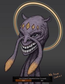 baloolax blue_eyes commentary dark_souls_(series) dark_souls_i darkstalker_kaathe english_commentary english_text fusion gameplay_mechanics grey_background halo highres hololive hololive_english meme ninomae_ina&#039;nis no_humans parody simple_background teeth twitter_username virtual_youtuber