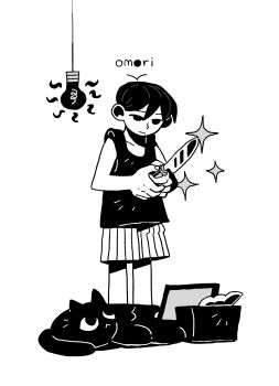 1boy 9twoeight antenna_hair black_socks black_tank_top cat closed_mouth collarbone colored_skin computer copyright_name double-parted_bangs hair_between_eyes highres laptop light_bulb male_focus mewo omori omori_(omori) short_hair shorts simple_background socks solo sparkle standing striped_clothes striped_shorts tank_top tissue tissue_box vertical-striped_clothes vertical-striped_shorts white_background white_shorts white_skin