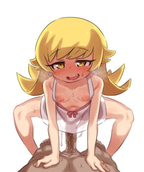 1boy 1girl bakemonogatari basukechi blonde_hair blush breasts clothed_female_nude_male collarbone convenient_censoring dark-skinned_male dark_skin dress erection fang girl_on_top hetero highres imminent_penetration implied_sex large_penis loli long_hair looking_at_viewer matching_hair/eyes monogatari_(series) navel nipples nude open_mouth oshino_shinobu penis pov simple_background sleeveless small_breasts smile steam sundress sweat tongue white_background white_dress yellow_eyes