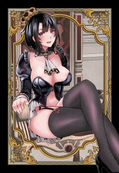 1girl alternate_costume asyuri black_hair black_thighhighs blush breasts crossed_legs garter_straps highres kantai_collection large_breasts looking_at_viewer open_mouth red_eyes short_hair sitting sitting_on_throne smile solo takao_(kancolle) thighhighs throne throne_room underwear underwear_only