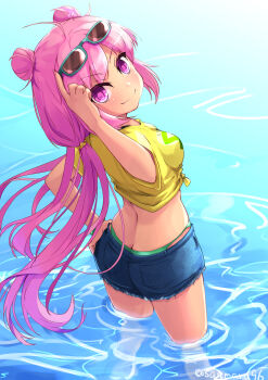 Rule 34 | 1girl, ass, bemani, butt crack, denim, denim skirt, glasses, grace (sound voltex), green panties, highres, kuro (be ok), panties, pink eyes, pink hair, shirt, skirt, sound voltex, twintails, underwear, wet, whale tail (clothing), yellow shirt, yumebuki