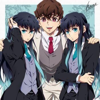 3boys aqua_eyes aqua_hair aqua_necktie belt black_hair black_jacket black_pants black_suit brothers brown_hair closed_mouth formal_clothes gradient_hair grey_vest hana_ni_nare highres jacket kimetsu_no_yaiba long_hair long_sleeves male_focus muichiro&#039;s_father_(kimetsu_no_yaiba) multicolored_hair multiple_boys necktie open_mouth pants red_eyes red_necktie siblings smile suit tokitou_muichirou tokitou_yuichirou twins two-tone_hair vest white_jacket white_pants white_suit