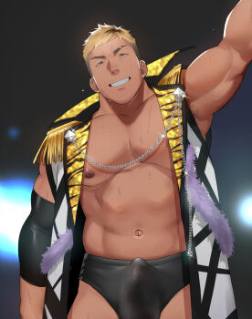 1boy abs armpit_hair armpits bara biceps black_hair blonde_hair blurry blurry_background bulge collared_jacket elbow_gloves erection erection_under_clothes gloves grey_hair jacket large_pectorals looking_at_viewer male_focus male_underwear mature_male multicolored_hair muscular muscular_arms muscular_male nipples open_clothes open_jacket original otototo pectorals smile solo stage sweat sweatdrop tan teeth thick_eyebrows tight_clothes undercut underwear