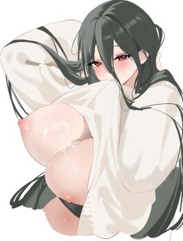 1girl absurdres annlee arms_behind_head azur_lane black_hair blush breasts clothes_lift commentary_request cum cum_on_body cum_on_breasts cum_on_upper_body francesco_caracciolo_(azur_lane) francesco_caracciolo_(confession_under_the_spotlight)_(azur_lane) highres huge_breasts long_bangs long_hair looking_at_viewer mouth_hold nipples official_alternate_costume red_eyes simple_background solo sweatdrop sweater sweater_lift veins veiny_breasts very_long_hair white_background white_sweater