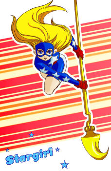 1girl blonde_hair blue_eyes bodysuit character_name courtney_whitmore dc_comics female_focus gloves kikisuke_t long_hair mask skin_tight solo staff stargirl