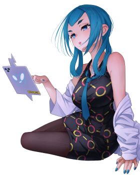 1girl absurdres blue_eyes blue_hair blue_nails blue_necktie coat commentary dress english_commentary gen_4_pokemon hair_rings highres lab_coat mable_(pokemon) necktie nintendo obi3 off_shoulder pantyhose pokemon pokemon_legends:_z-a rotom rotom_phone sleeveless sleeveless_dress solo twitter_username white_background white_coat